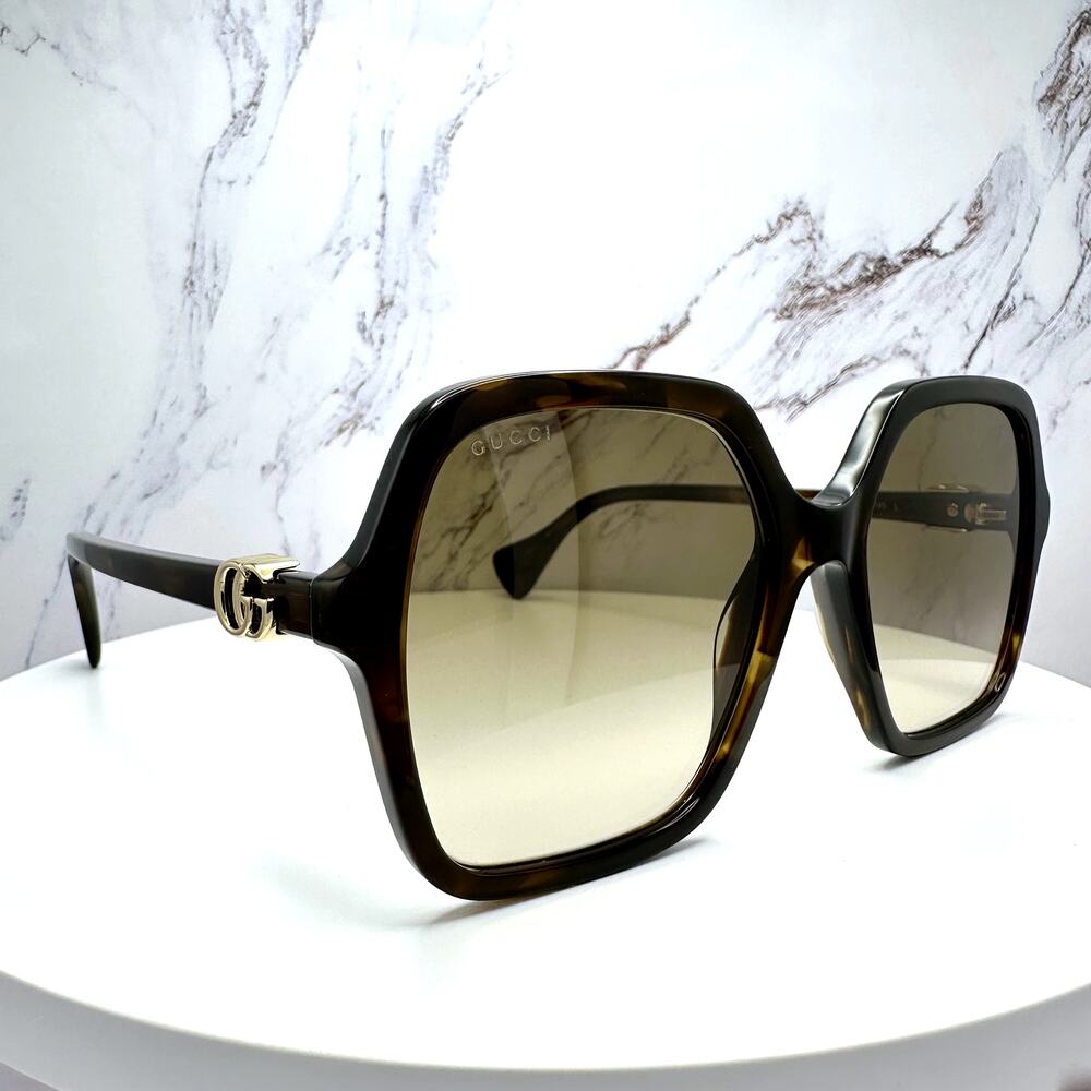 New GUCCI Sunglasses Brown Square Oversized Gold Metal GG Logo 56mm - Picture 15 of 16